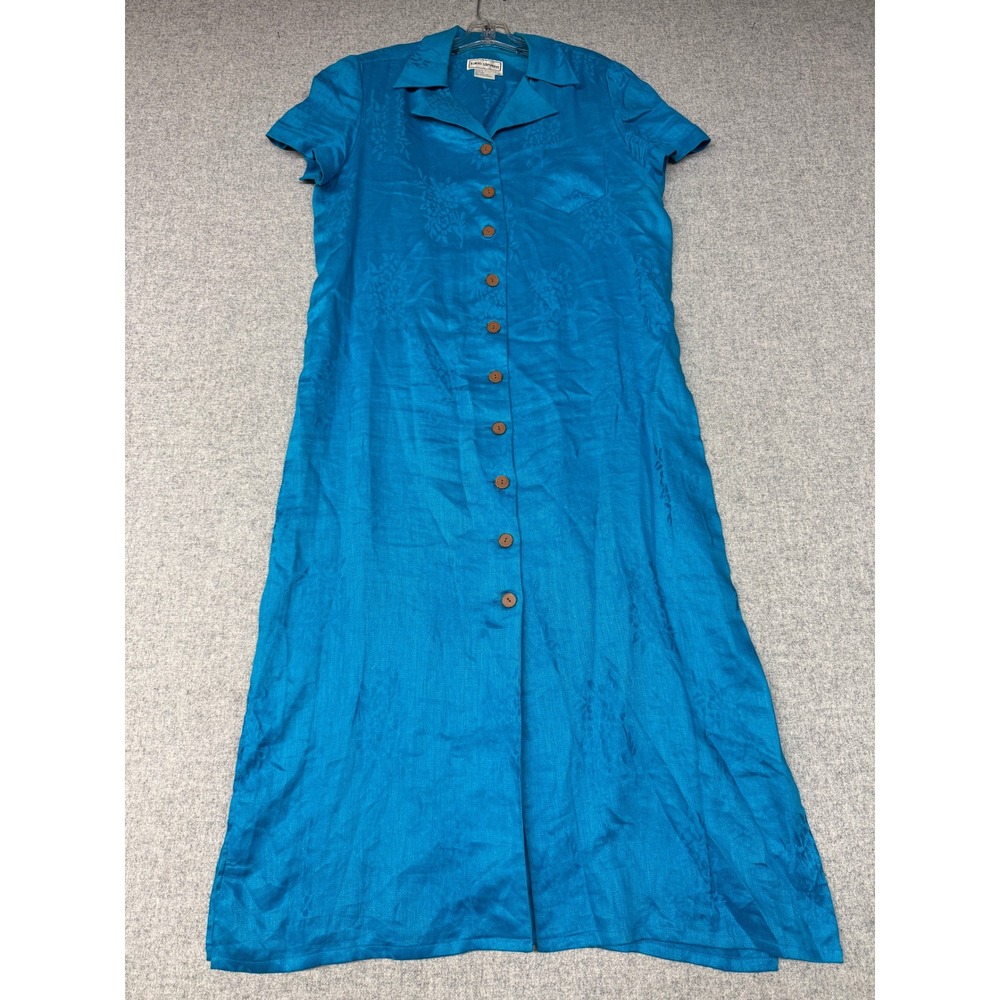 Karin Stevens Linen Maxi Dress 16 Blue Floral Jacquard Button Front Short Sleeve